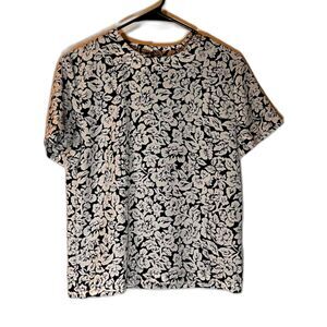 Talbots Blouse 4 Navy Blue White Floral Short Sleeve Coastal Business Casual